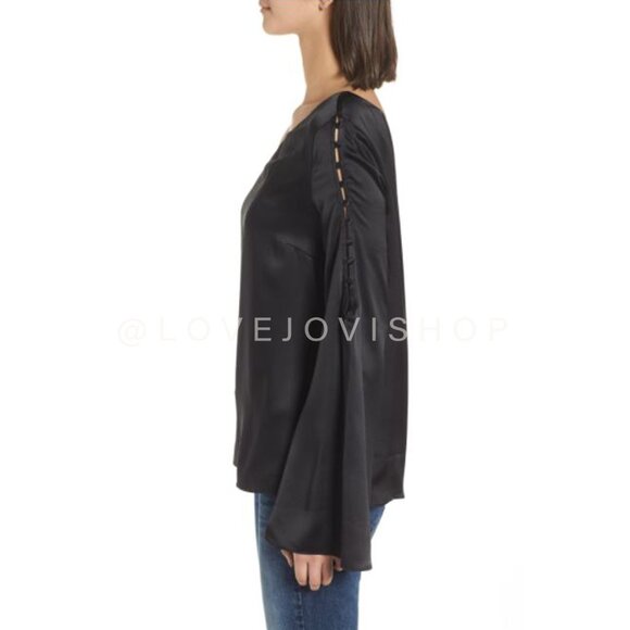NYE Glam | Parker Black Silk One Shoulder Bell Sleeve Top | Elegant Party Flowy - Picture 6 of 16